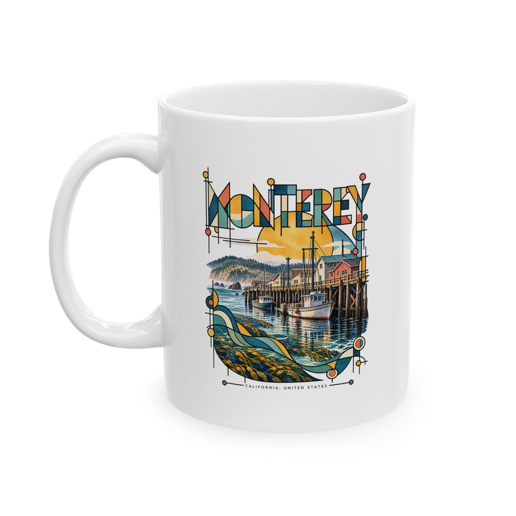 White 11 oz ceramic mug featuring the Monterey Harbor Daydream destination artwork.
