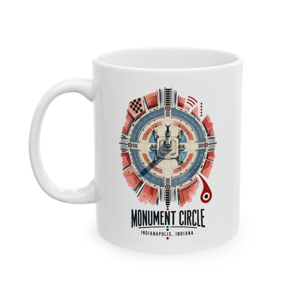 White 11 oz ceramic mug featuring the Indianapolis Monument Circle Map destination artwork.
